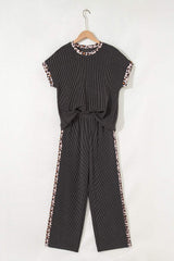 Carbon Grey Leopard Patchwork Edge Twisted Rib T Shirt and Cropped Pants Set