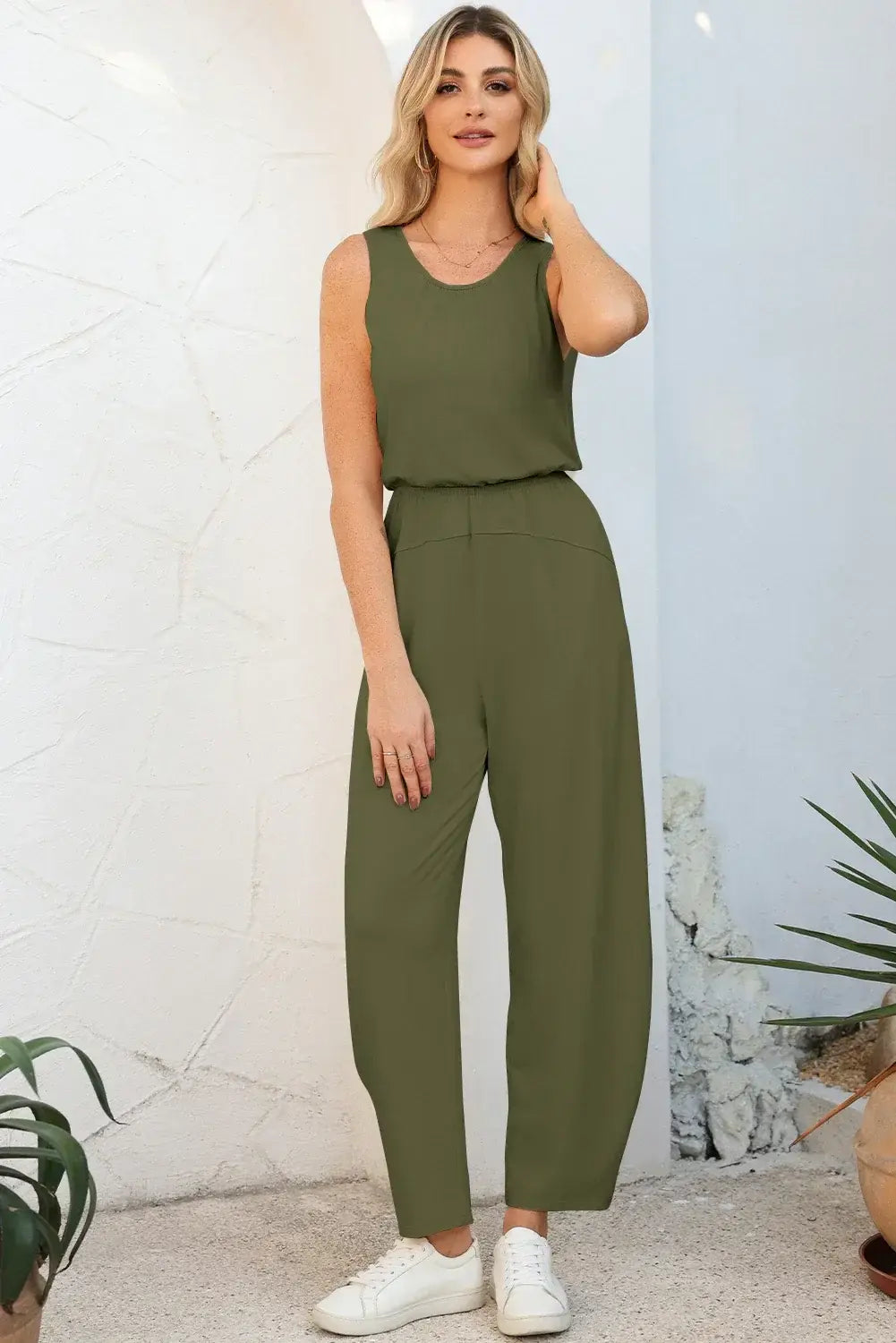 Four Leaf Clover Solid Color Pleated Detail Elastic Waist Sleeveless Jumpsuit