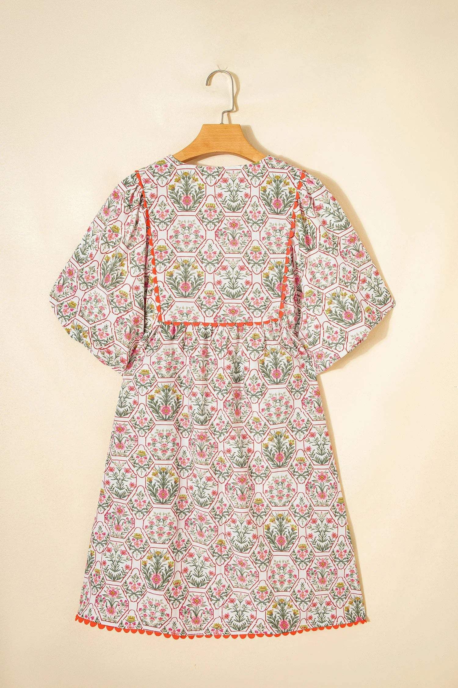 Pink Floral Print Tassel Tie V Neck Scalloped Detail Loose Mini Dress