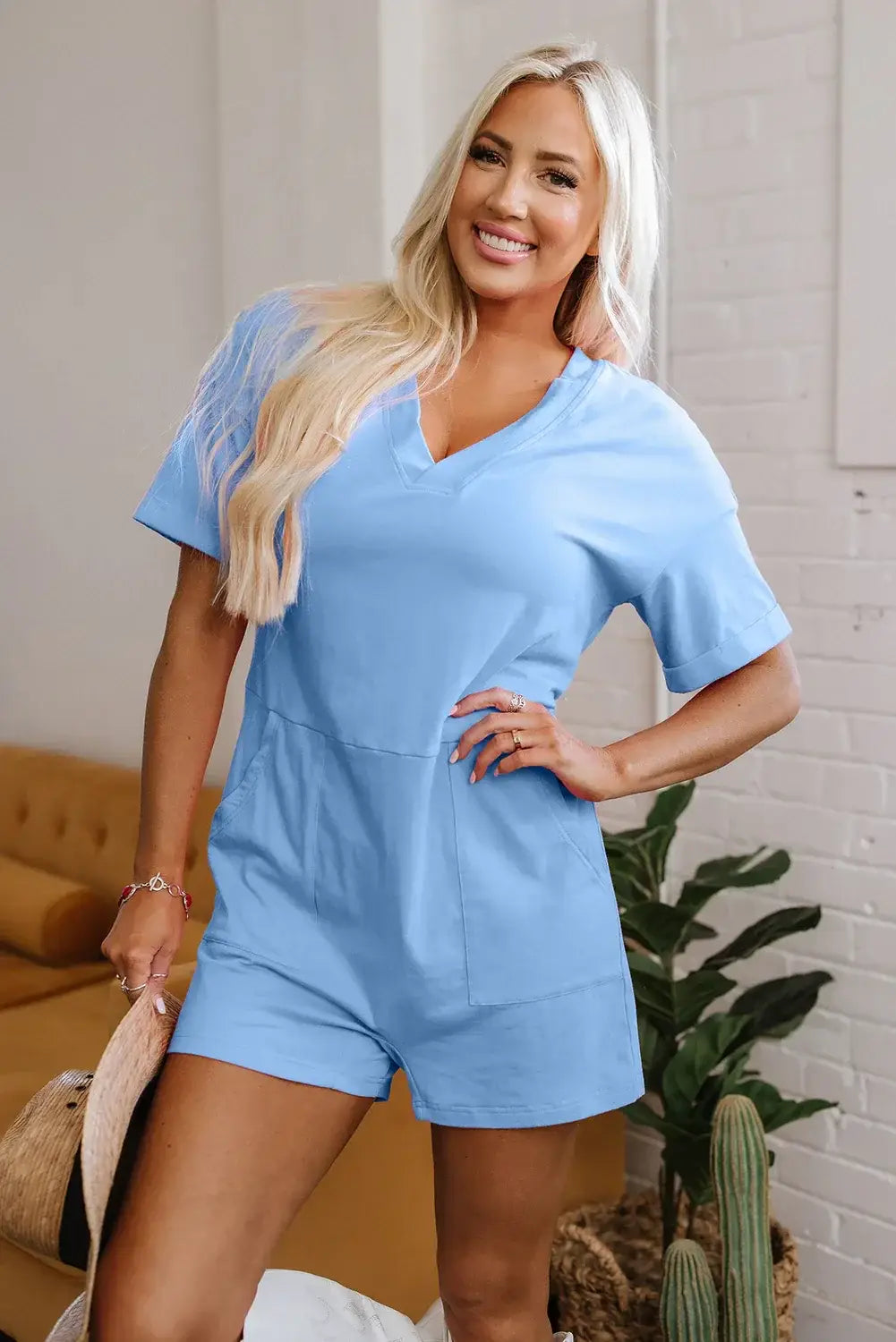 Grass Green Loose Half Sleeve V Neck Knit Romper