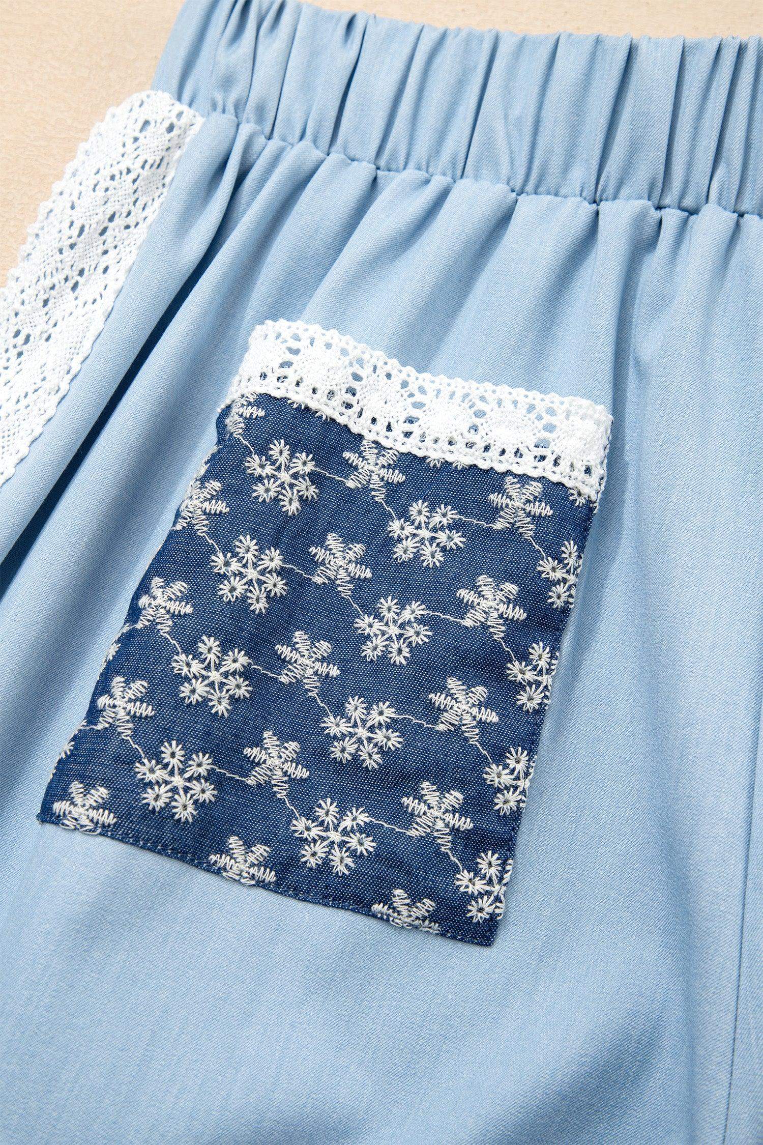 Beau Blue Lace Accent Floral Patched Pocket Pleated Wide Leg Slouchy Pants