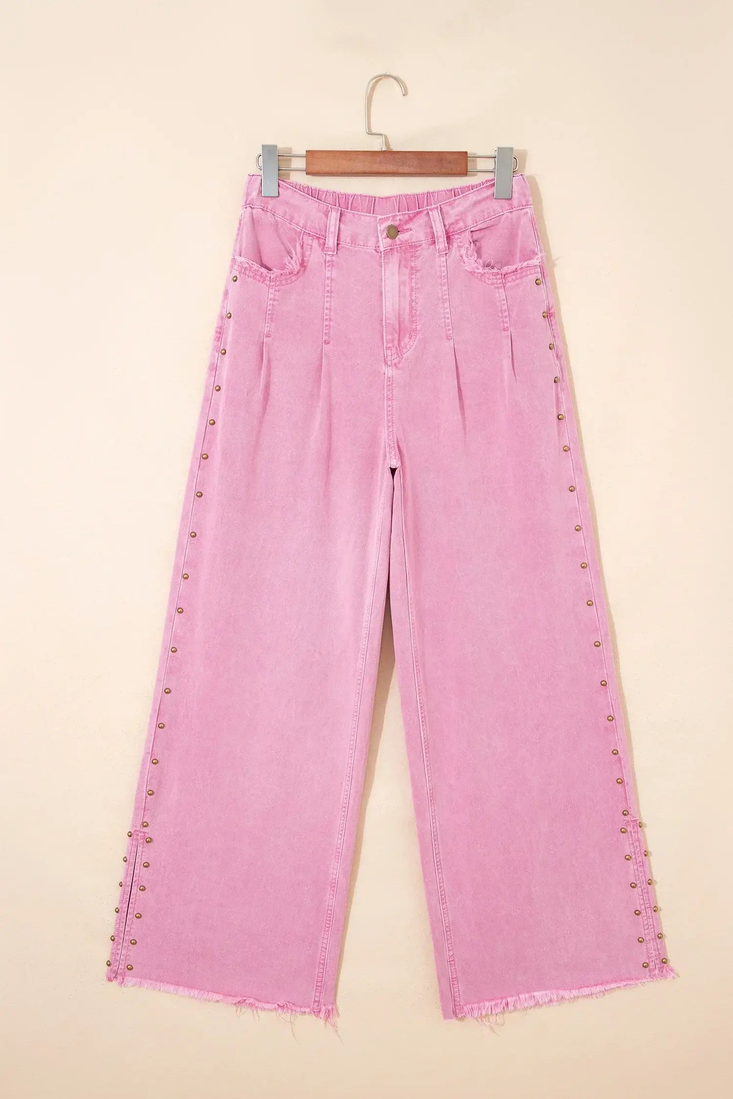 Pink Beaded Side Detail Split Loose Jeans