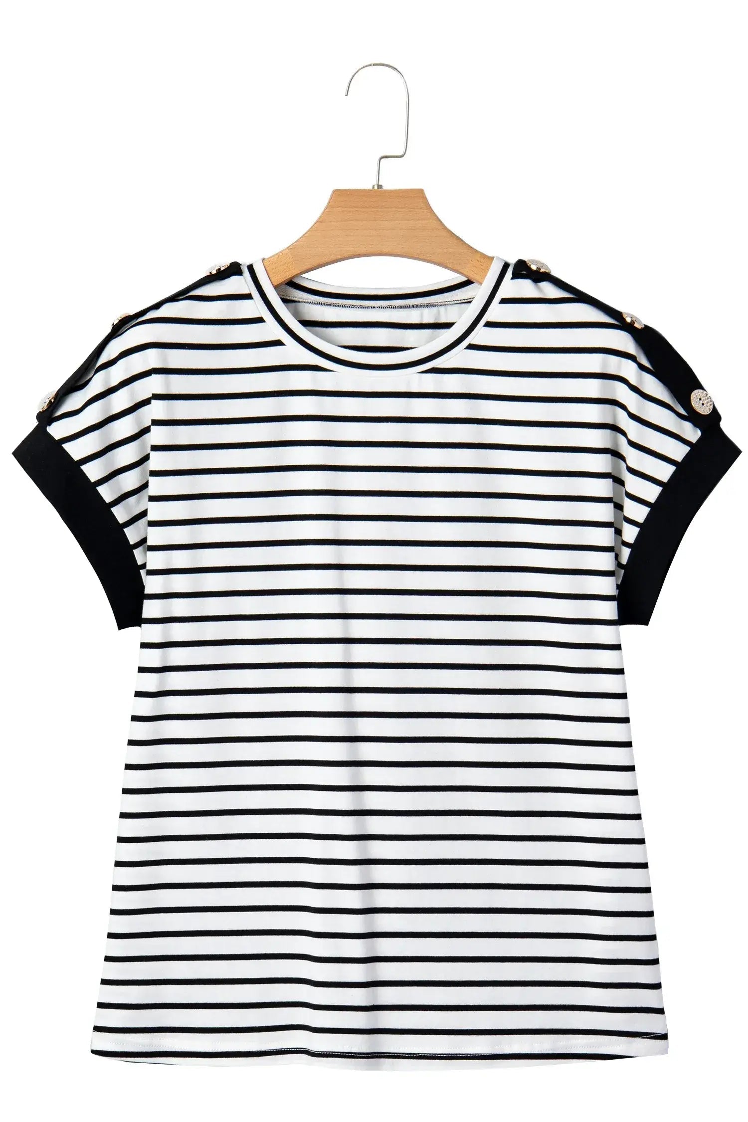 Black Stripe Cuffed Sleeve Button Detail Loose Tee