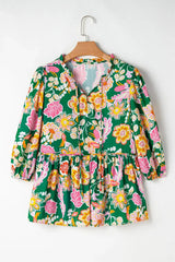 Green Floral Puff Sleeve V Neck Peplum Blouse