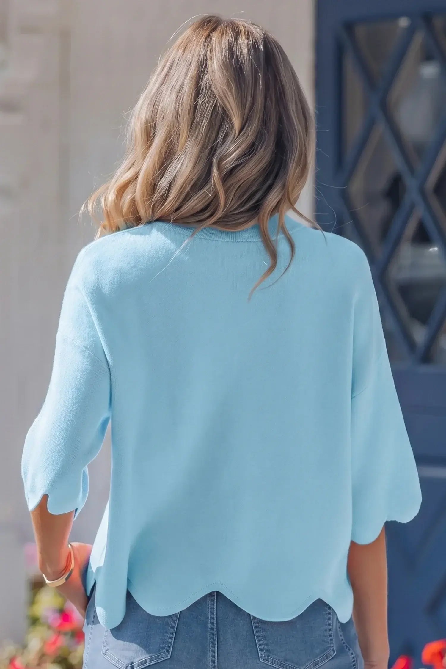 Myosotis Scalloped Hem 3/4 Sleeve Sweater Top