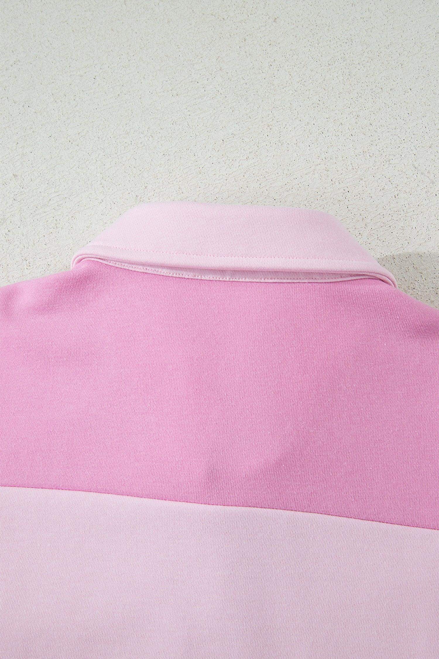 Pink Raw Seam Color Block Patchwork Button Polo Collar Mini Dress
