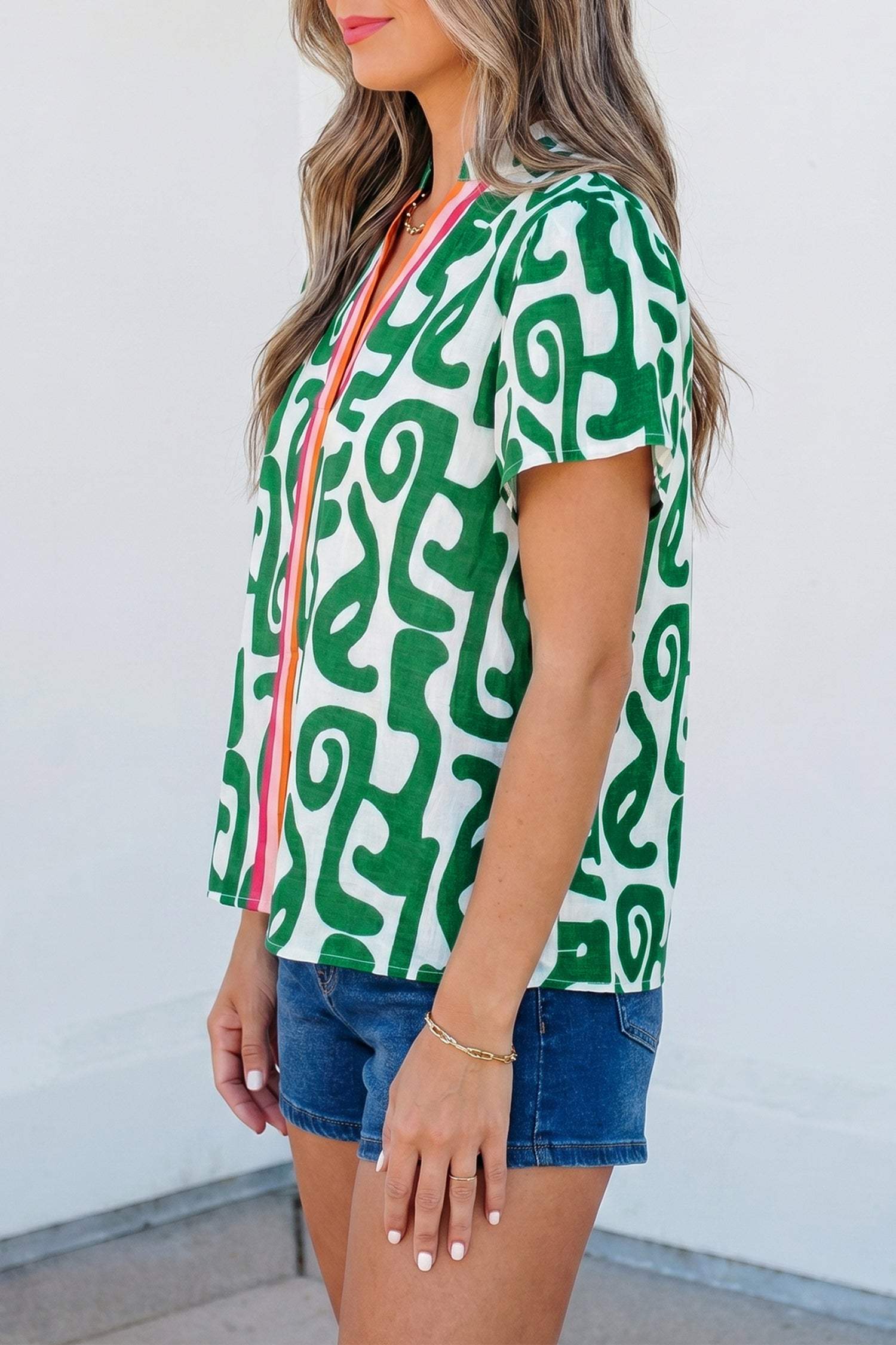 Green Abstract Print Striped Trim V Neck Short Sleeve Blouse