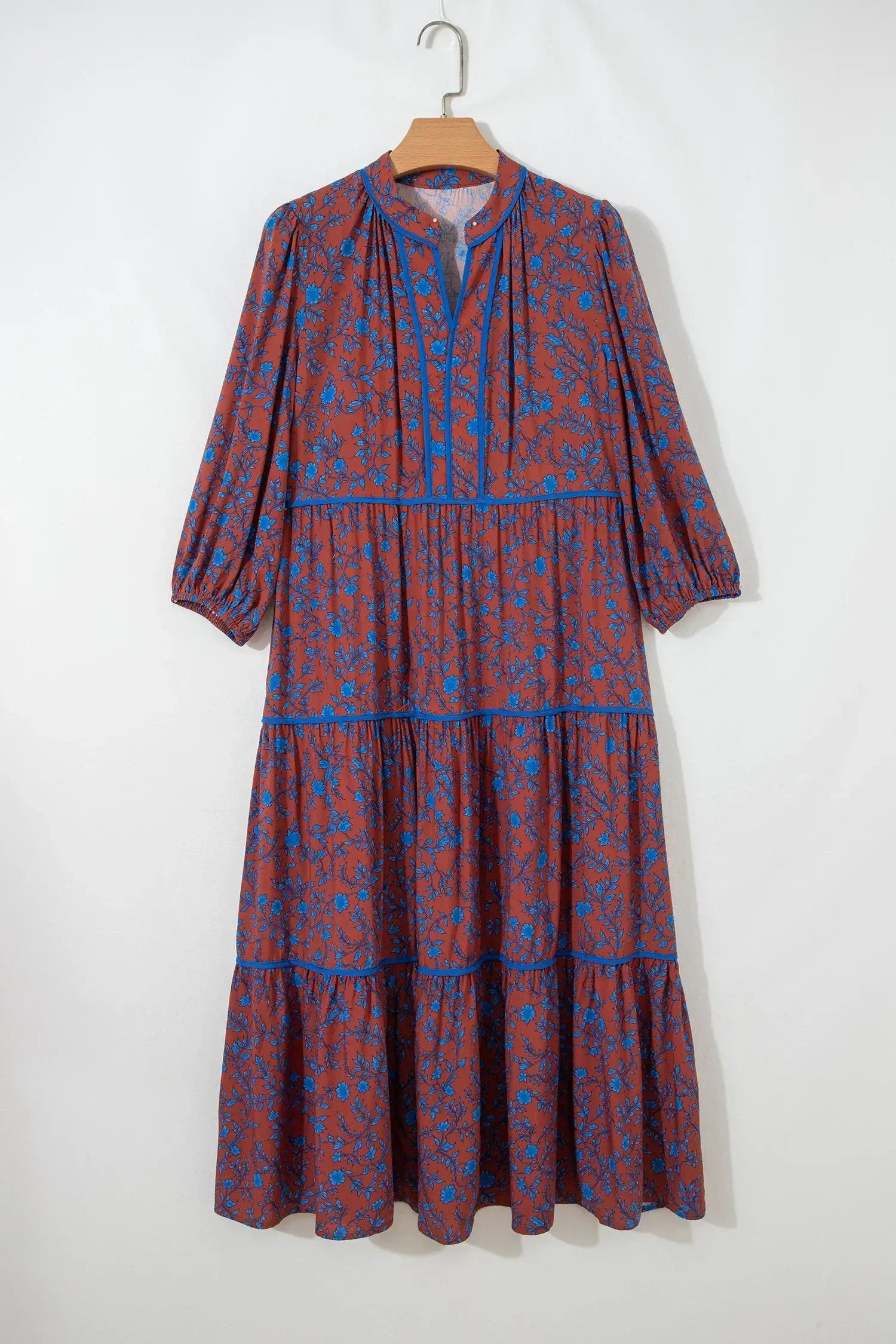 Brown 3/4 Puff Sleeve Tiered Loose Floral Dress