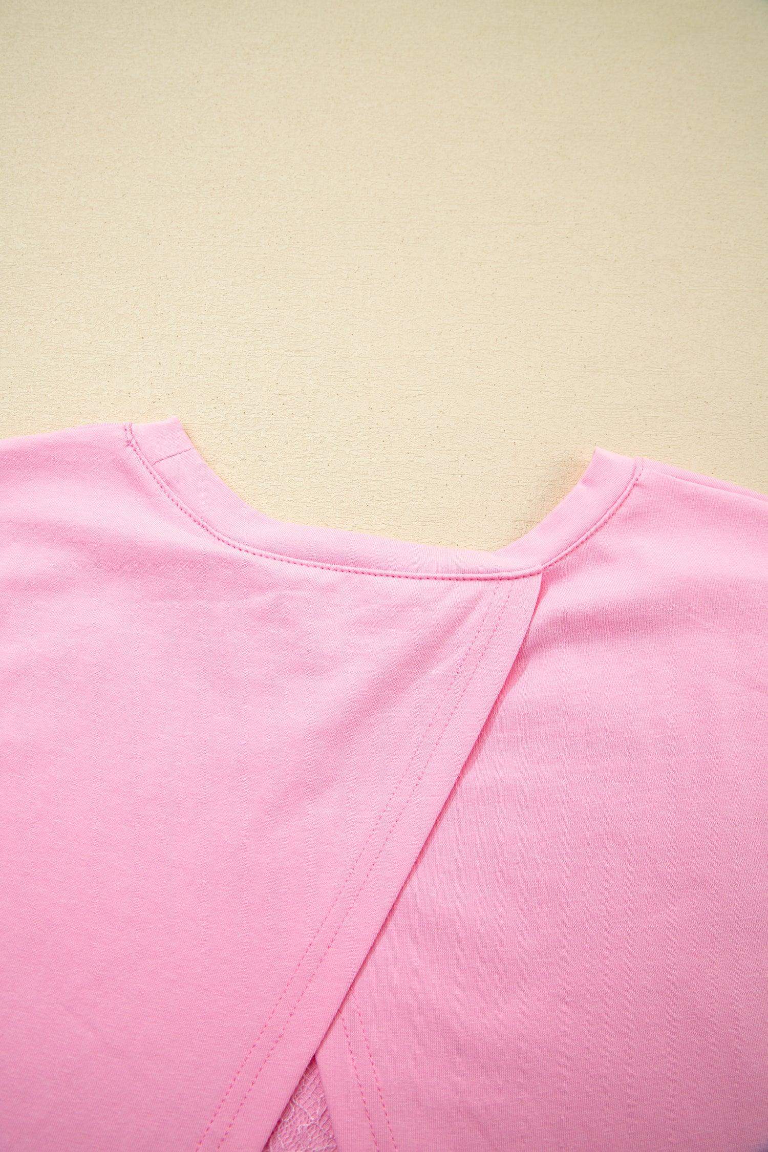 Pink Eyelash Floral Lace Patchwork Half Sleeve Oversize Tee
