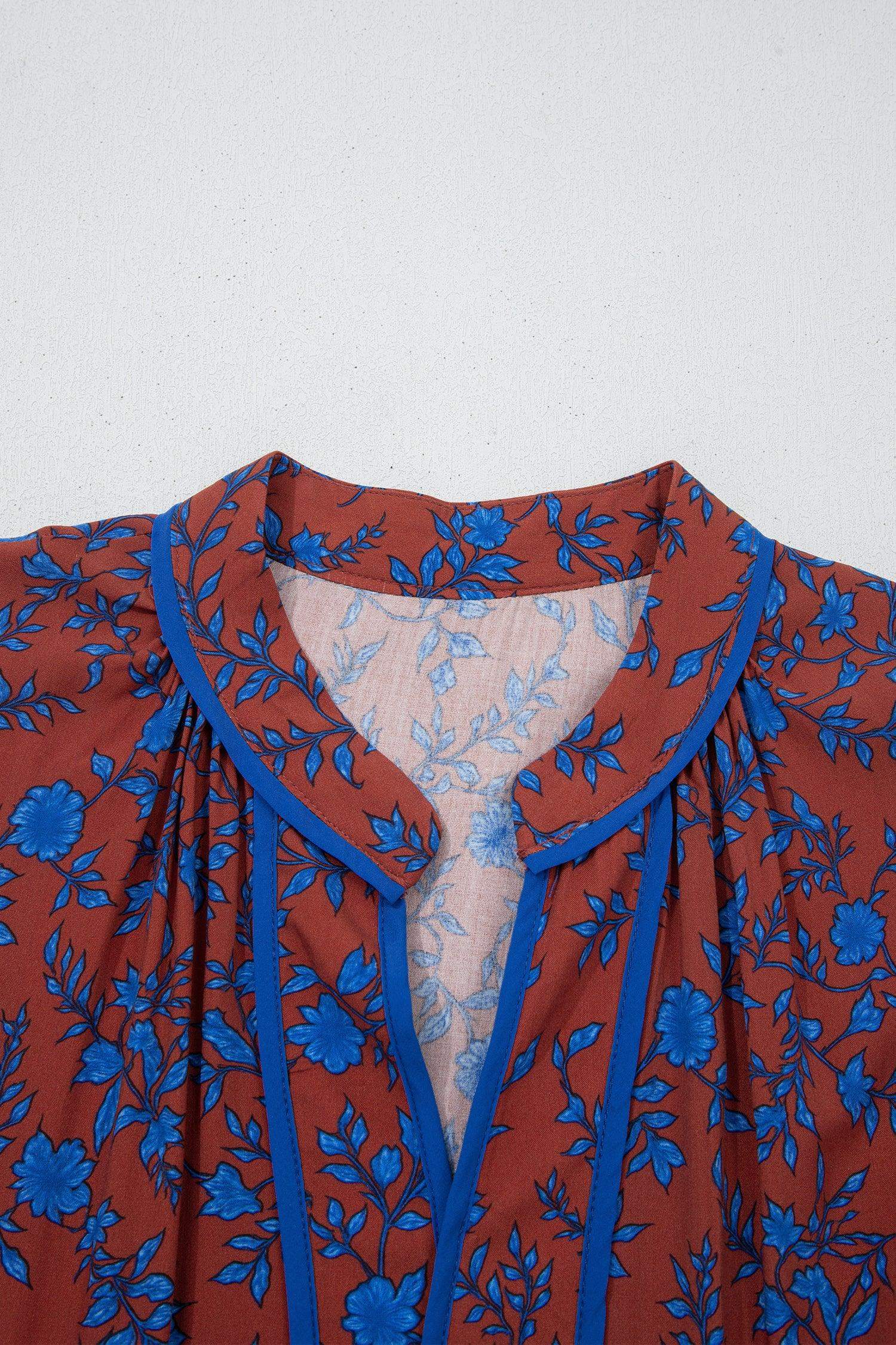 Brown 3/4 Puff Sleeve Tiered Loose Floral Dress