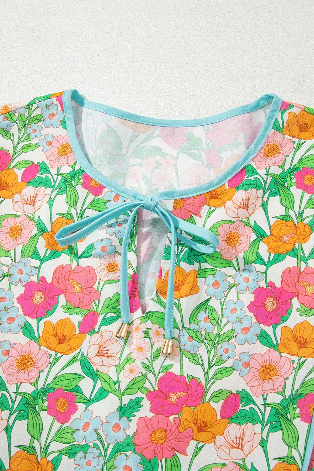 Green Floral Print Striped Trim Tie Neck Puff Sleeve Babydoll Blouse