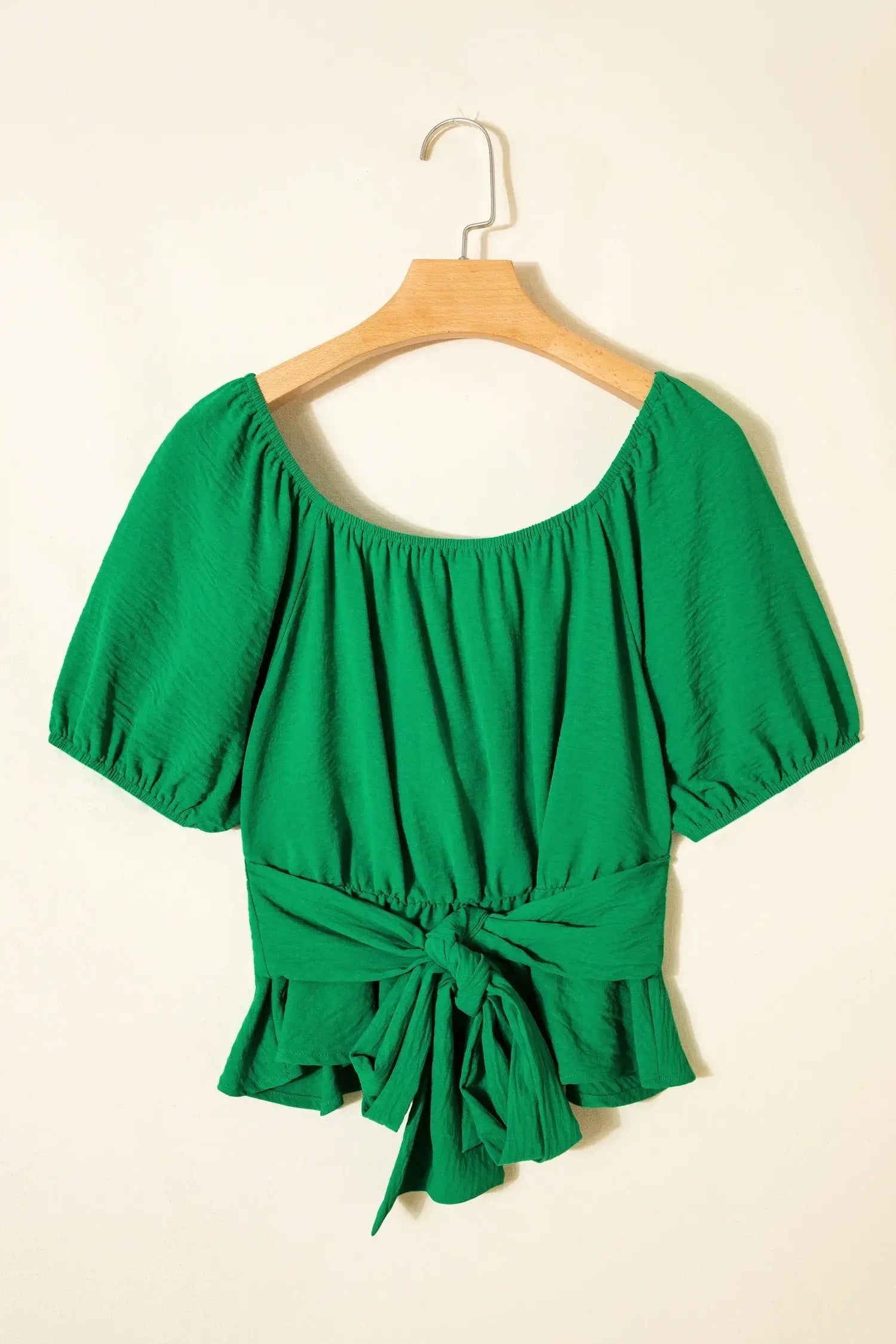 Dark Green Solid Color Ruched Crossed Waist Tied Back Short Sleeve Peplum Top