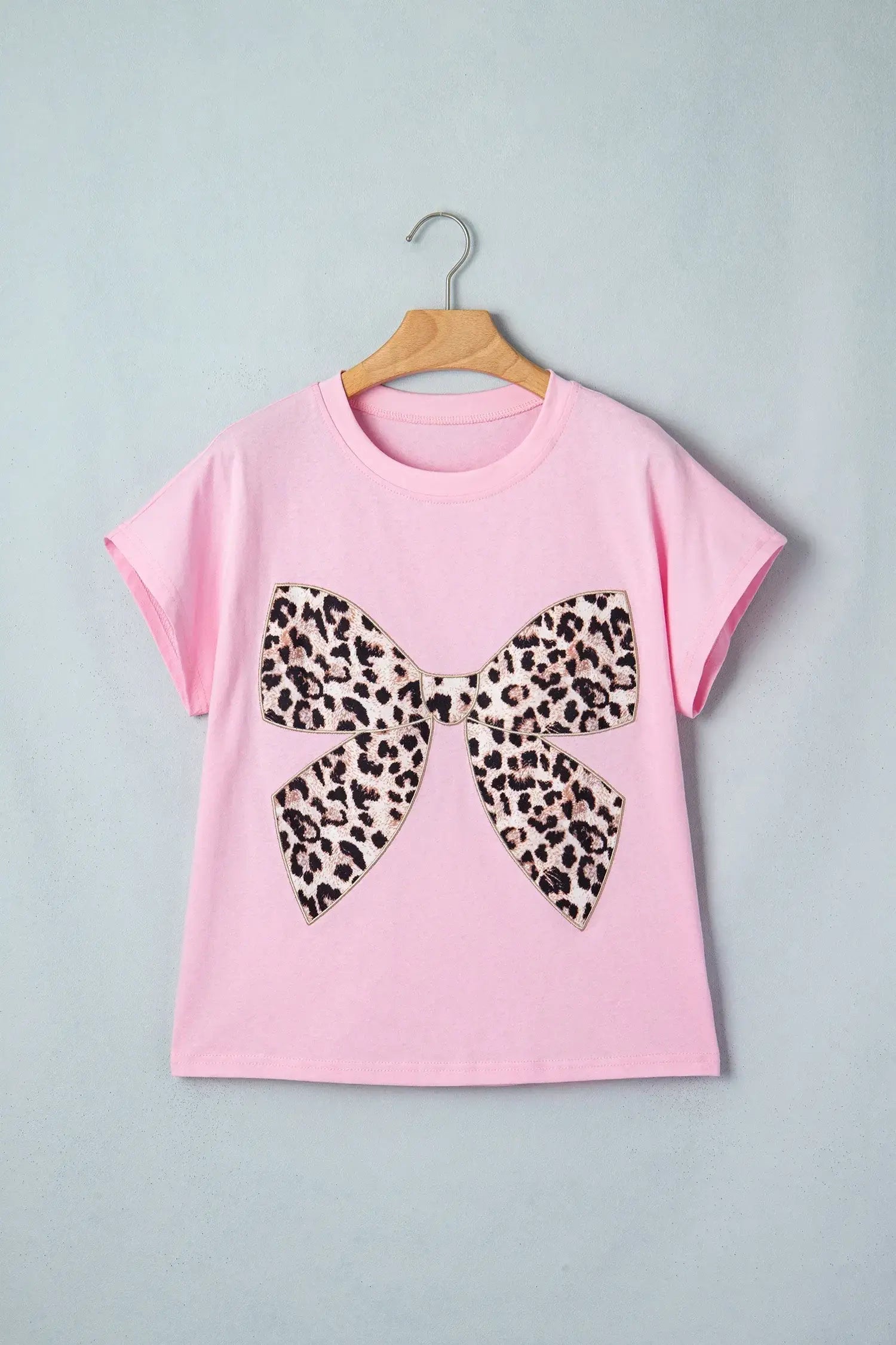 Black Leopard Bow Embroidered Cotton Round Neck T Shirt