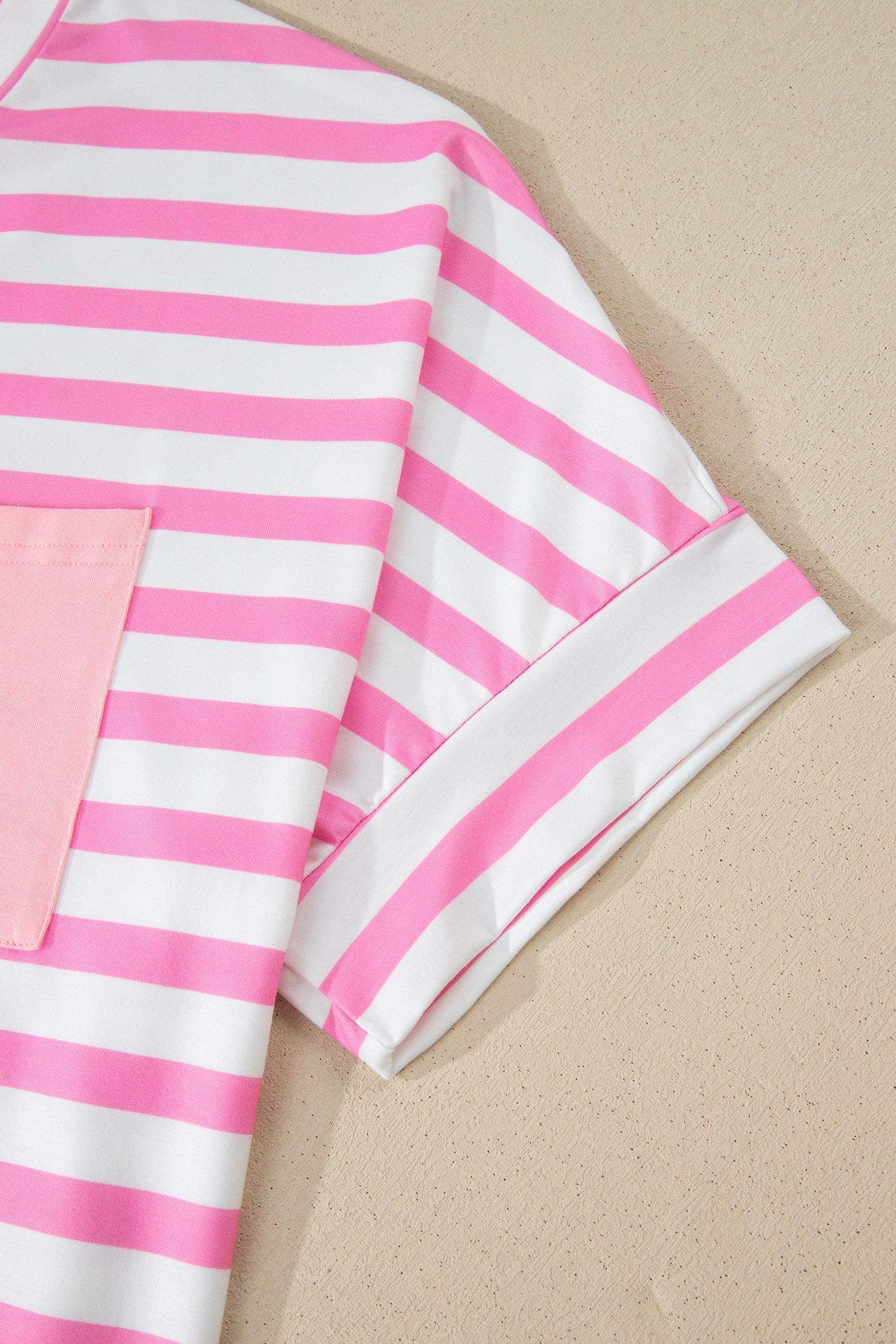 Pink Stripe Colorblock Patched Pocket V Neck Plus Size Tee