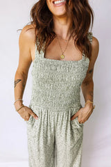 Green Smocked Bodice Square Neck Sleeveless Floral Jumpsuit