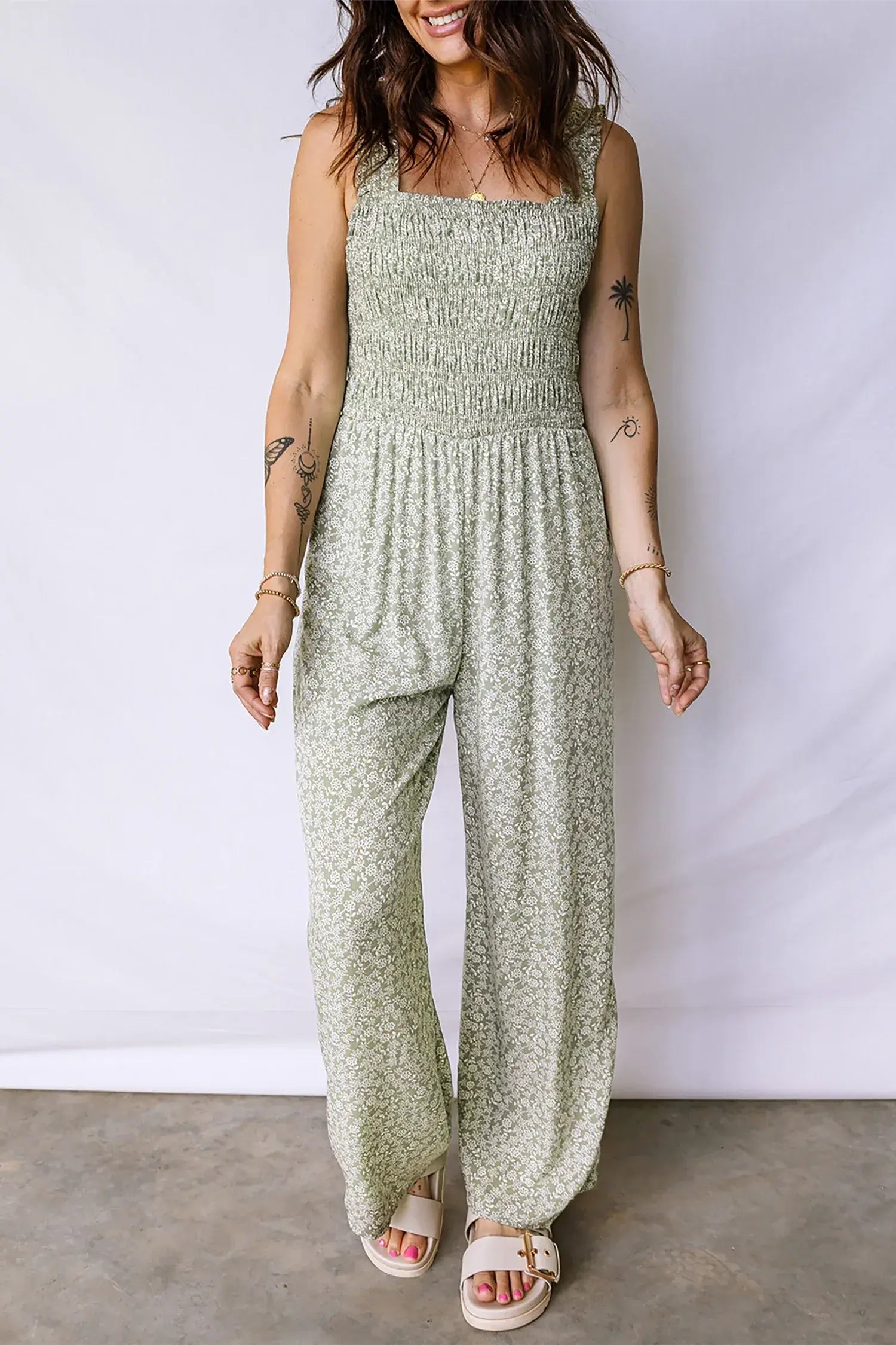 Green Smocked Bodice Square Neck Sleeveless Floral Jumpsuit
