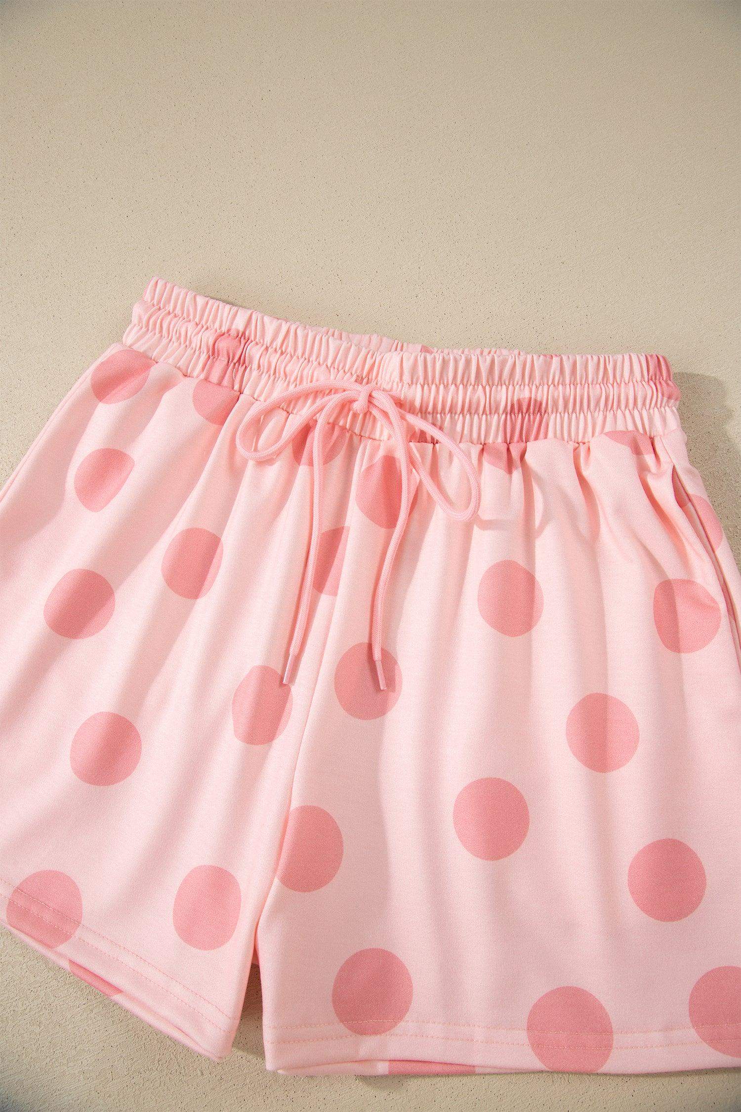Pink Polka Dot Print Loose Tee Drawstring Elastic Waist Short Set