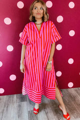 Red Stripe V Neck Cuffed Sleeve Relaxed Split Midi Dress
