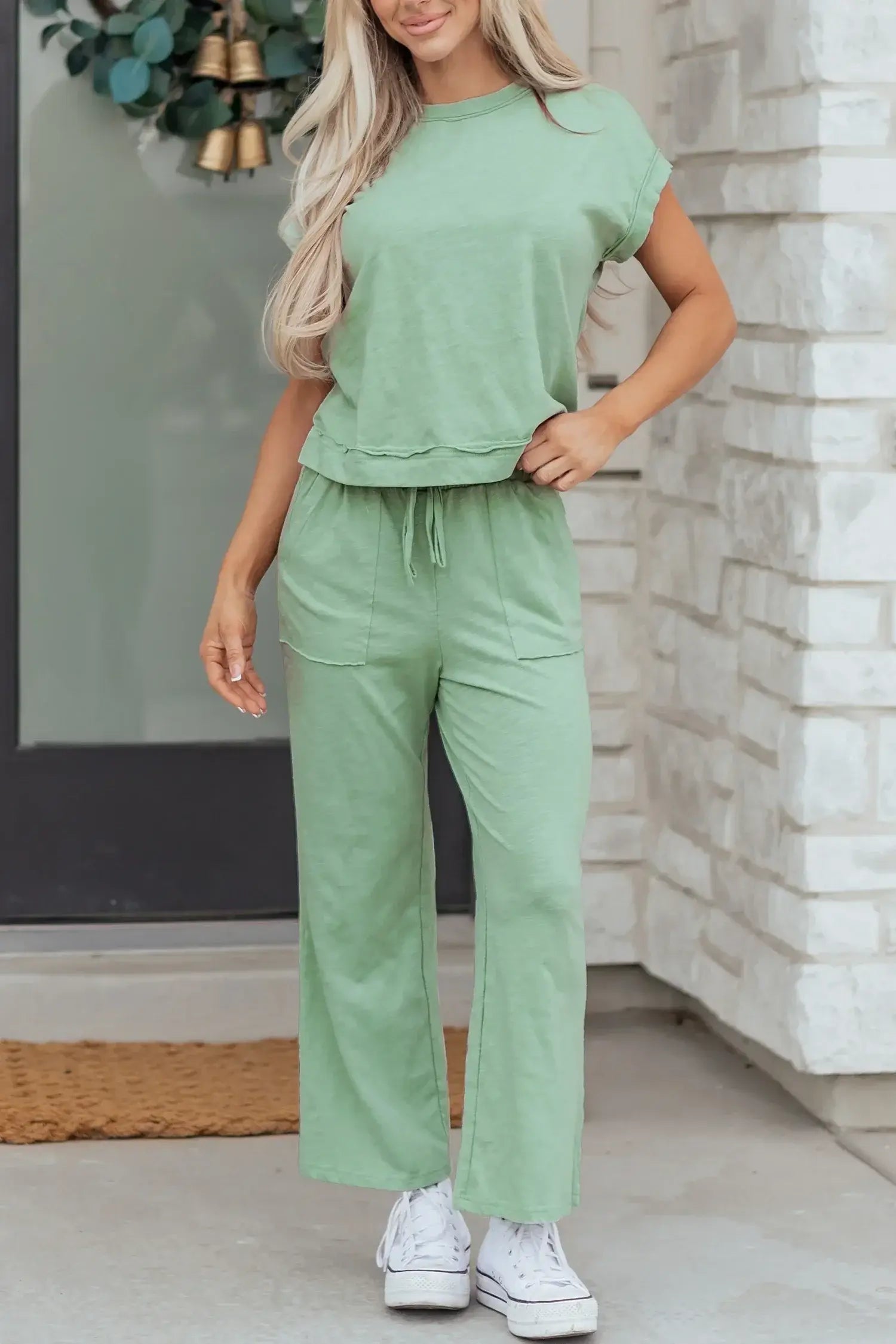 Canton Cuffed Short Sleeve Tee Raw Seam Patch Pocket Drawstring Pants Set