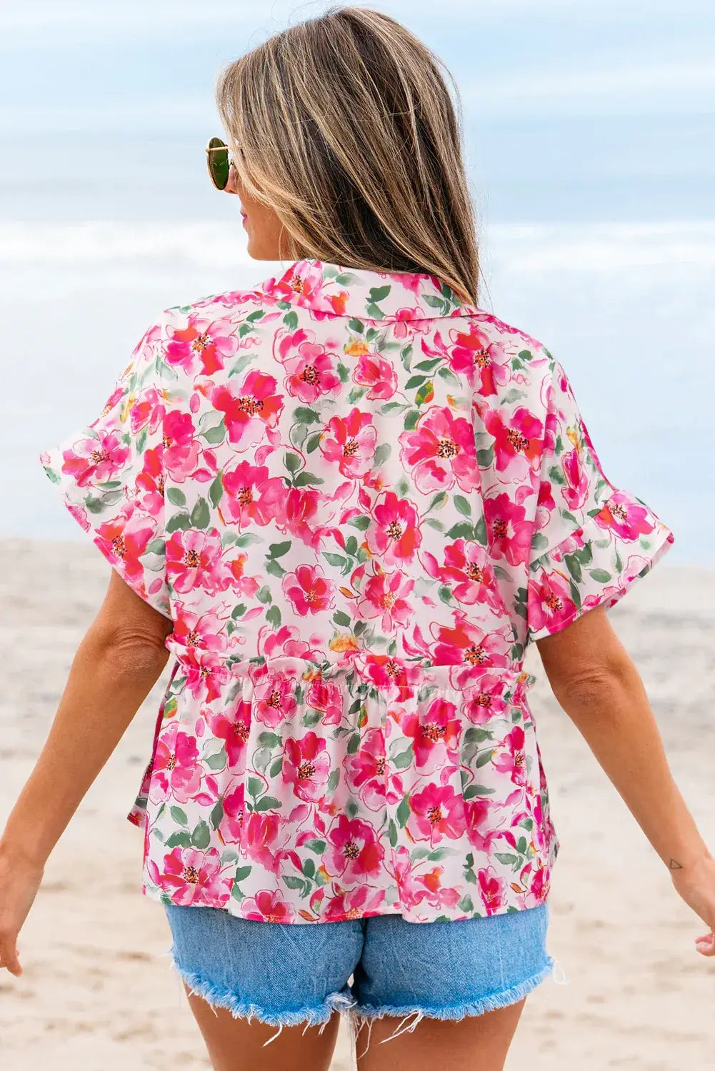 Pink Floral Boxy Fit Ruffled Short Sleeve V Neck Blouse