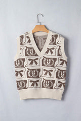 Brown Western Horseshoe Bow Printed V Neck Loose Sweater Vest