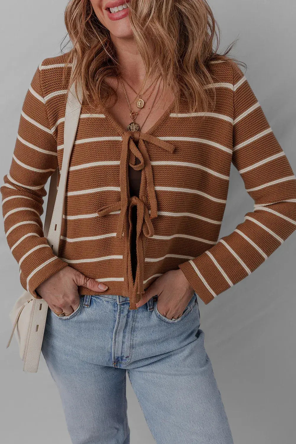 Chestnut Tie Front Striped Knit V Neck Cardigan Sweater