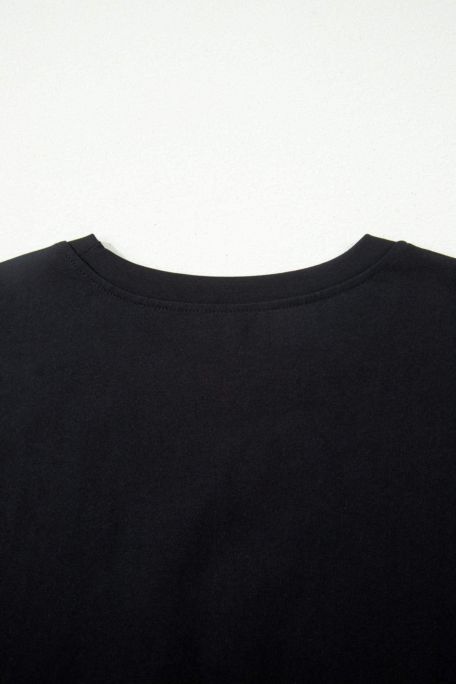 Black Leopard Bow Embroidered Cotton Round Neck T Shirt