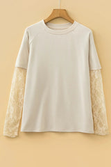 Jet Stream Solid Color Lace Patchwork Long Sleeve T Shirt