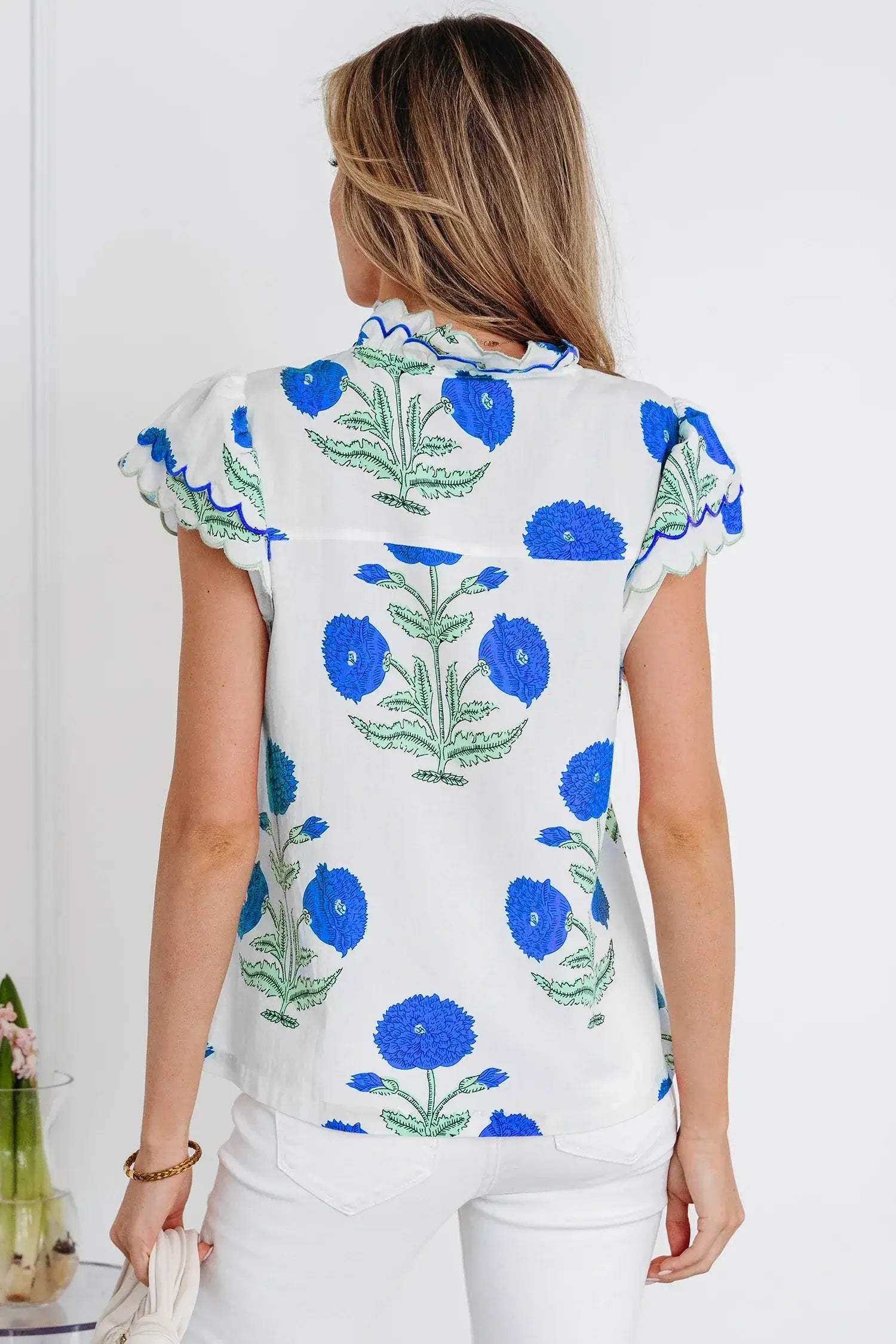 Blue Wild Flower Print Contrast Trim Scallop Detail Short Sleeve Blouse