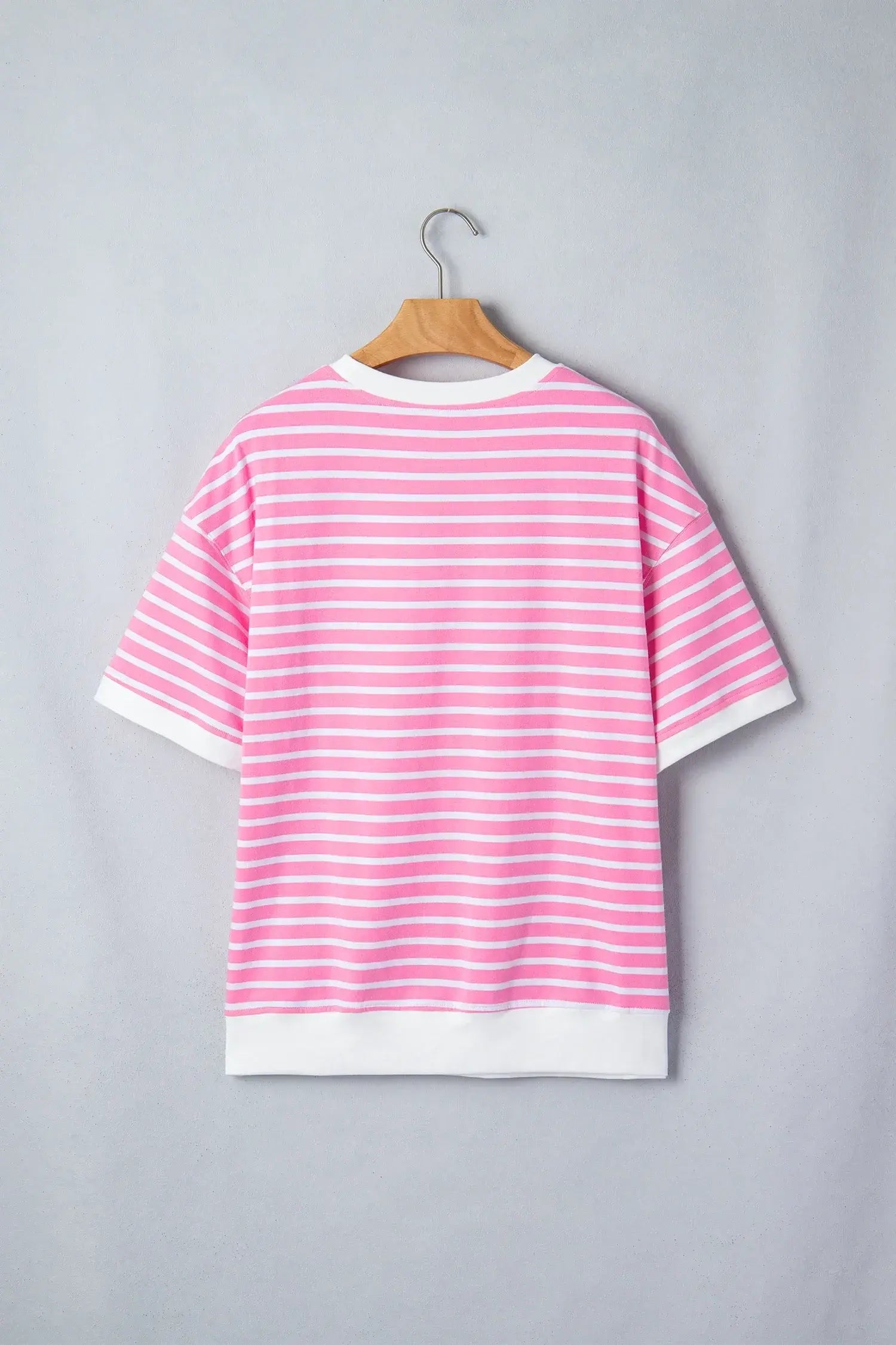 Pink Stripe Round Neck Drop Shoulder Short Sleeve Loose Top