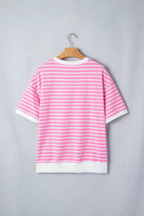 Pink Stripe Round Neck Drop Shoulder Short Sleeve Loose Top