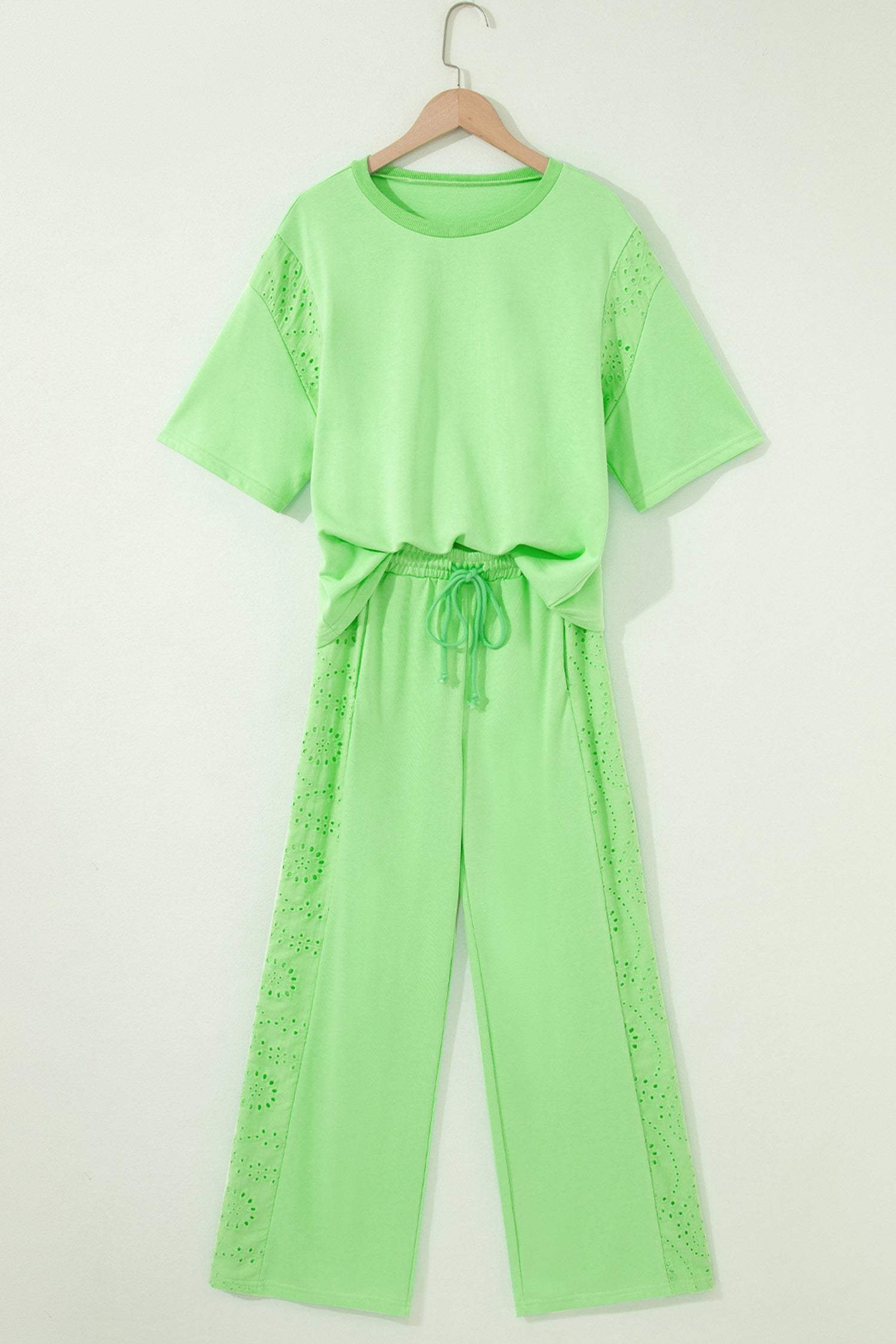 Light Green Lace Patchwork Half Sleeve Top Elastic Waist Pants Two Piece Set
