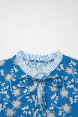 Blue Floral Print Button Tie Neck Striped Detail Short Sleeve Blouse