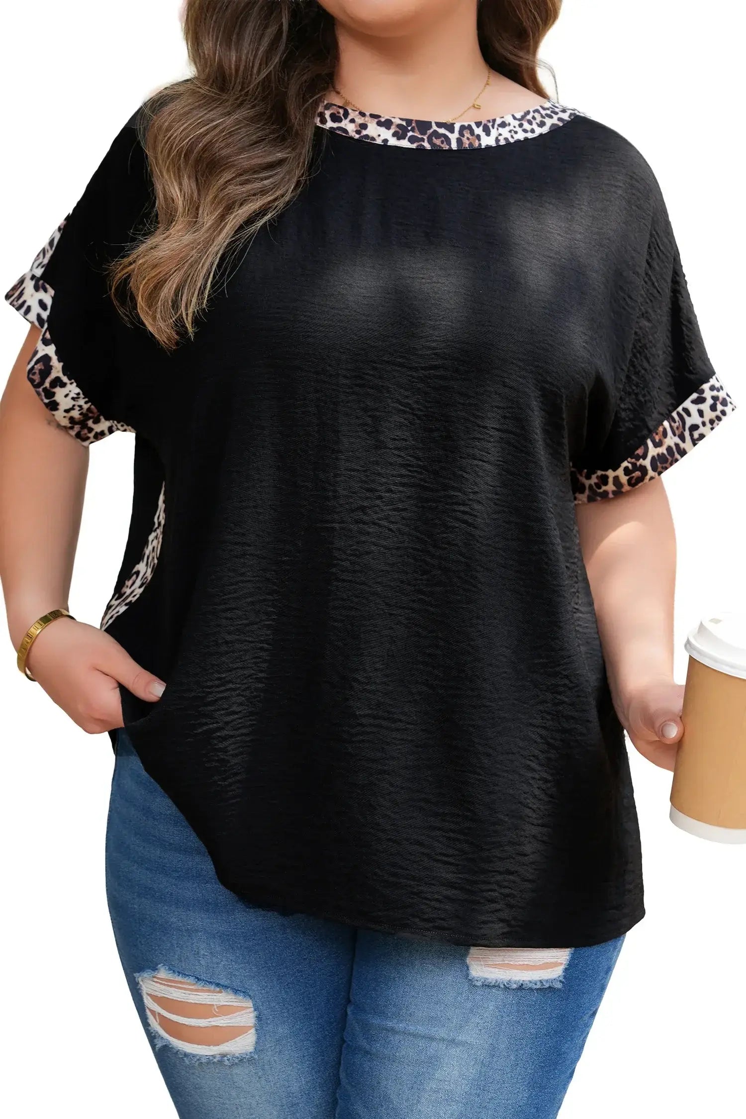 Black Plus Size Leopard Patchwork Round Neck Loose Tee