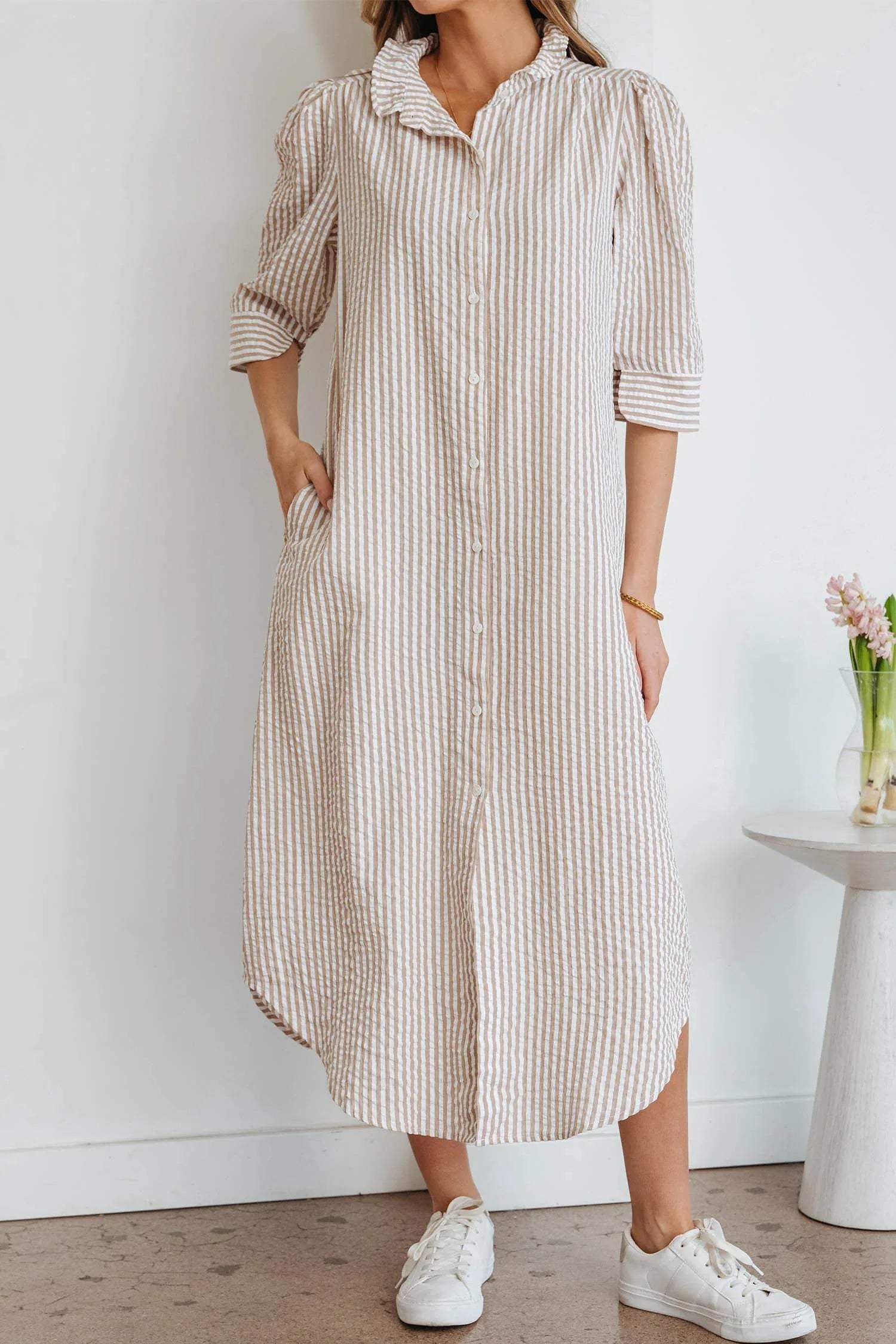 Khaki Stripe Frilled Collar Half Sleeve Shirt Maxi Dress