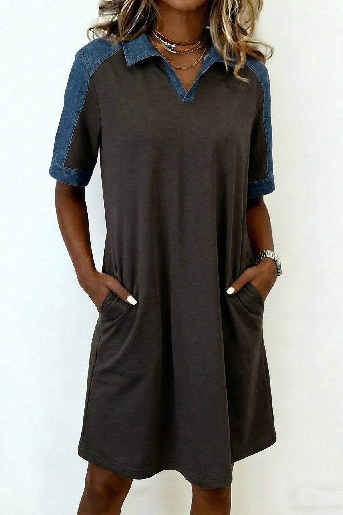Carbon Grey Color Block Denim Patchwork Polo Collar T Shirt Shift Dress