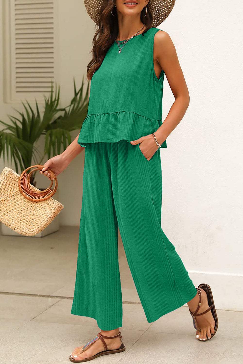 Beau Blue Solid Color Ribbed Ruffle Tank Top and Pants Set