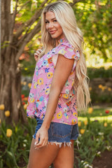 Pink Flutter Sleeve V Neck Floral Top