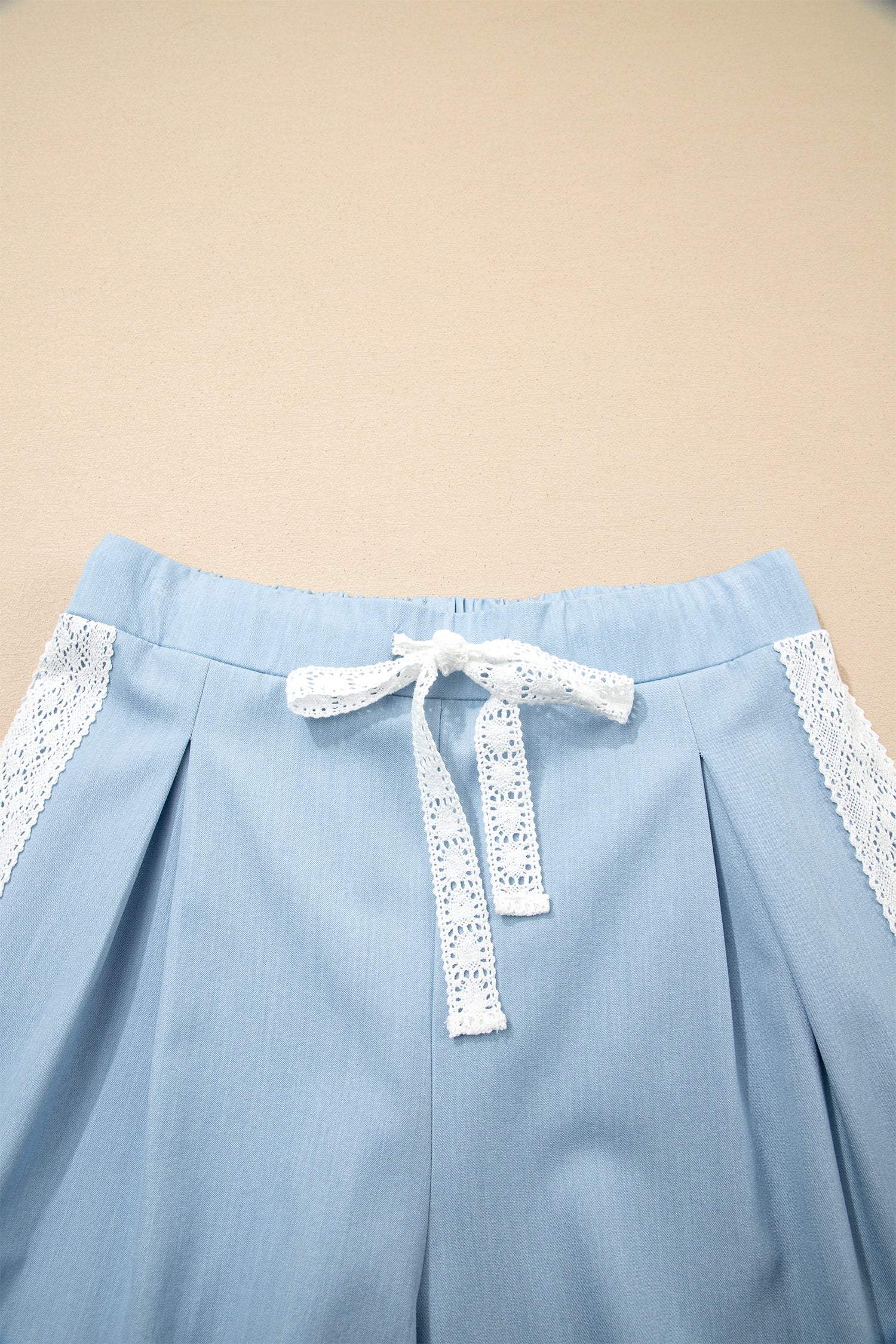 Beau Blue Lace Accent Floral Patched Pocket Pleated Wide Leg Slouchy Pants