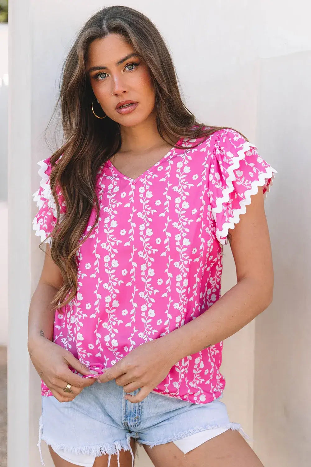 Pink Floral Print Ric-rac Tiered Ruffled V Neck Blouse