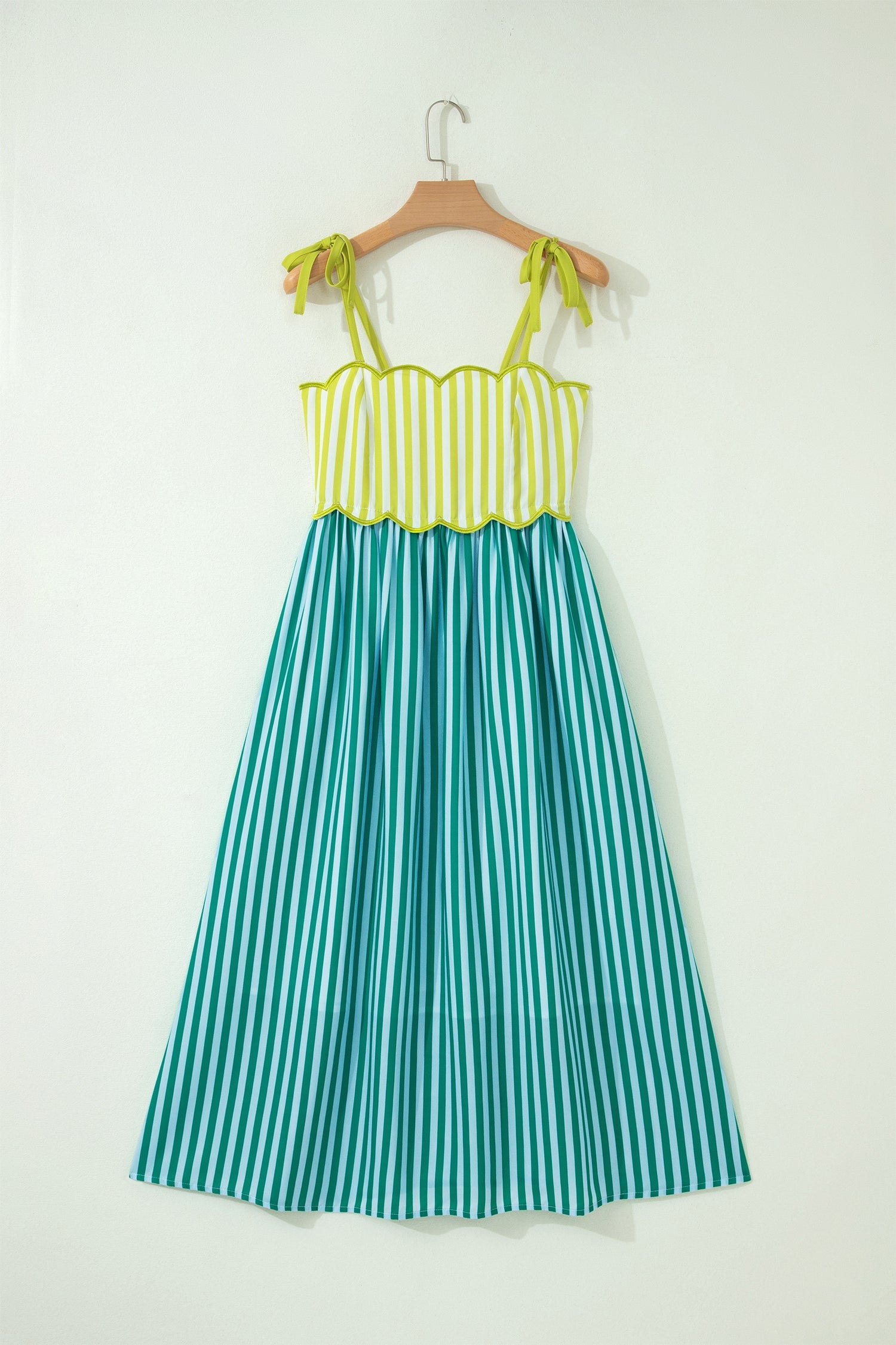 Green Stripe Scalloped Contrast Patchwork Knot Strap Midi Dress