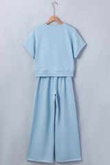 Clearly Aqua Solid Color Loose Tee Drawstring Wide Leg Pants 2pcs Outfit