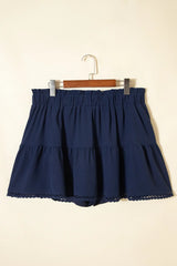 Navy Blue Plus Size Frilled Elastic Waist Lace Trim Boho Ruffled Shorts