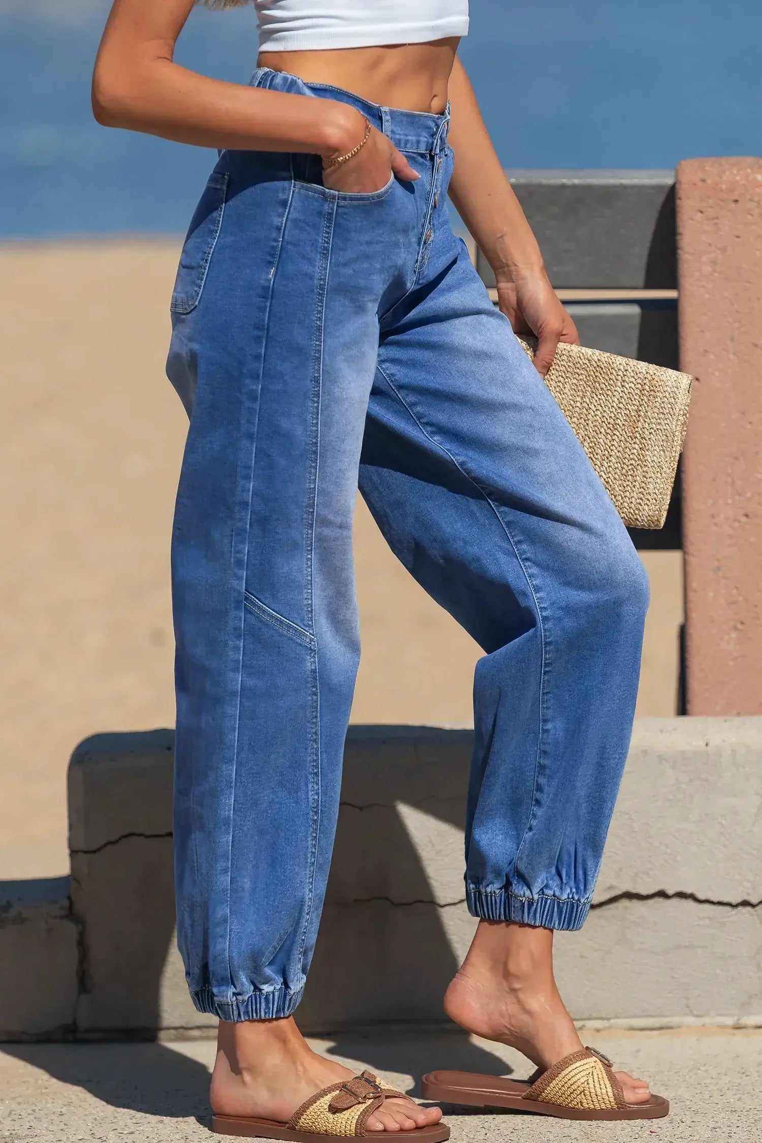 Blue 4 Buttons Front Tapered Casual Loose Fit Jeans