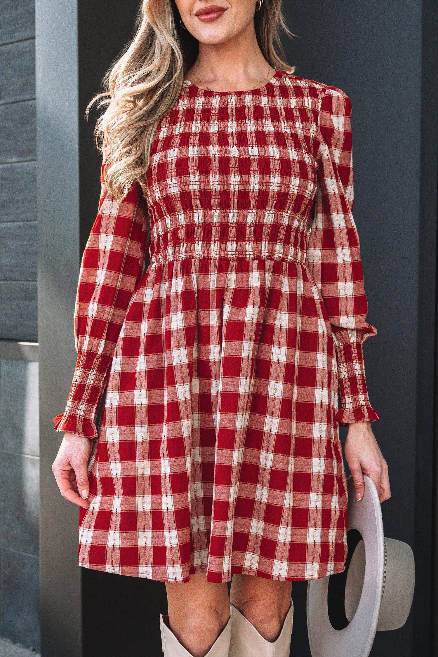 Red Plaid Print Smocked Puff Sleeve Mini Dress