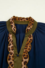 Navy Blue Button Detail Leopard Metallic Trim Short Sleeve Tunic Dress