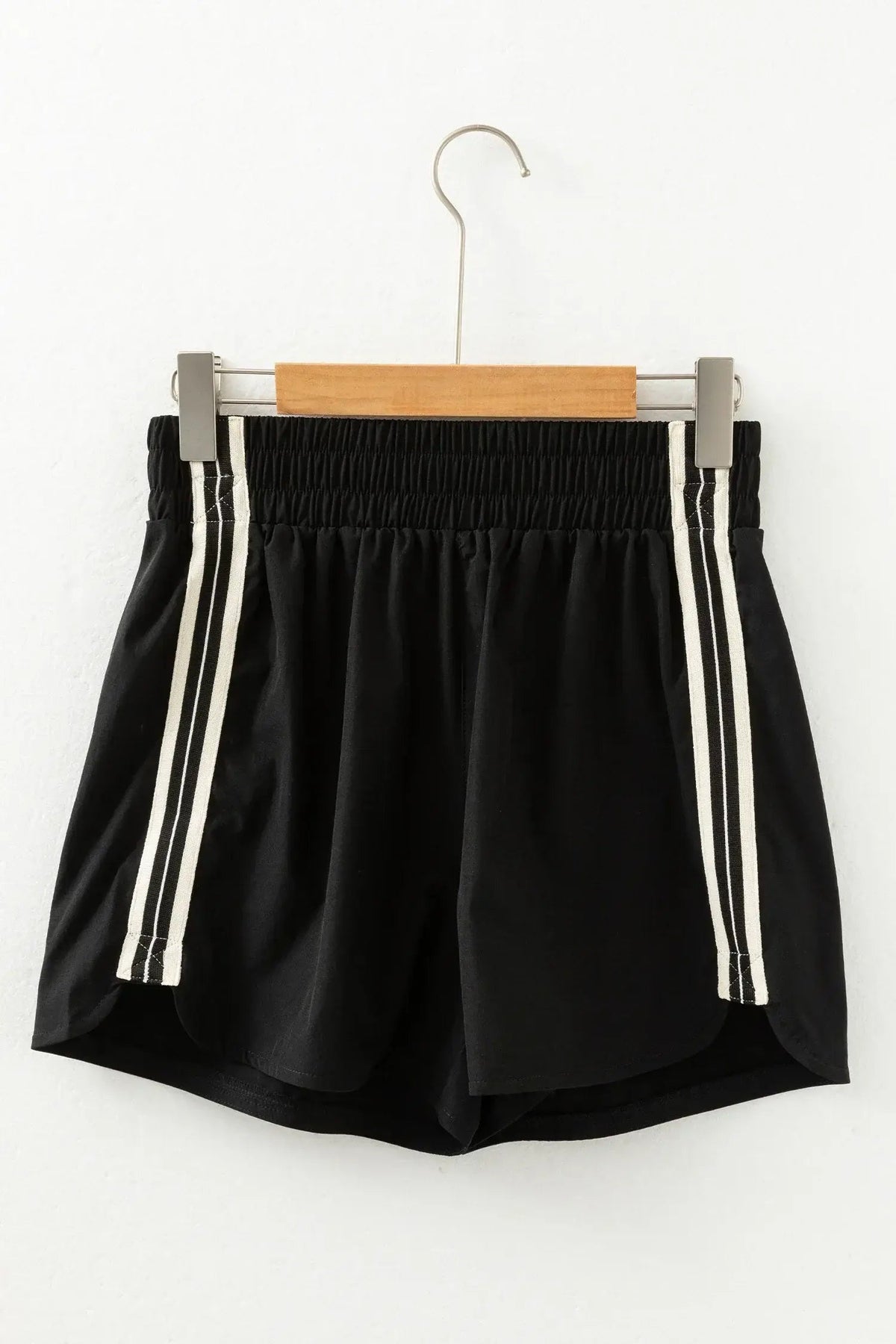 Black Elastic Waist Varsity Striped Detail Athleisure Shorts