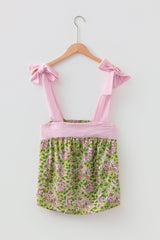 Green Floral Printed Knot Straps Babydoll Tank Top