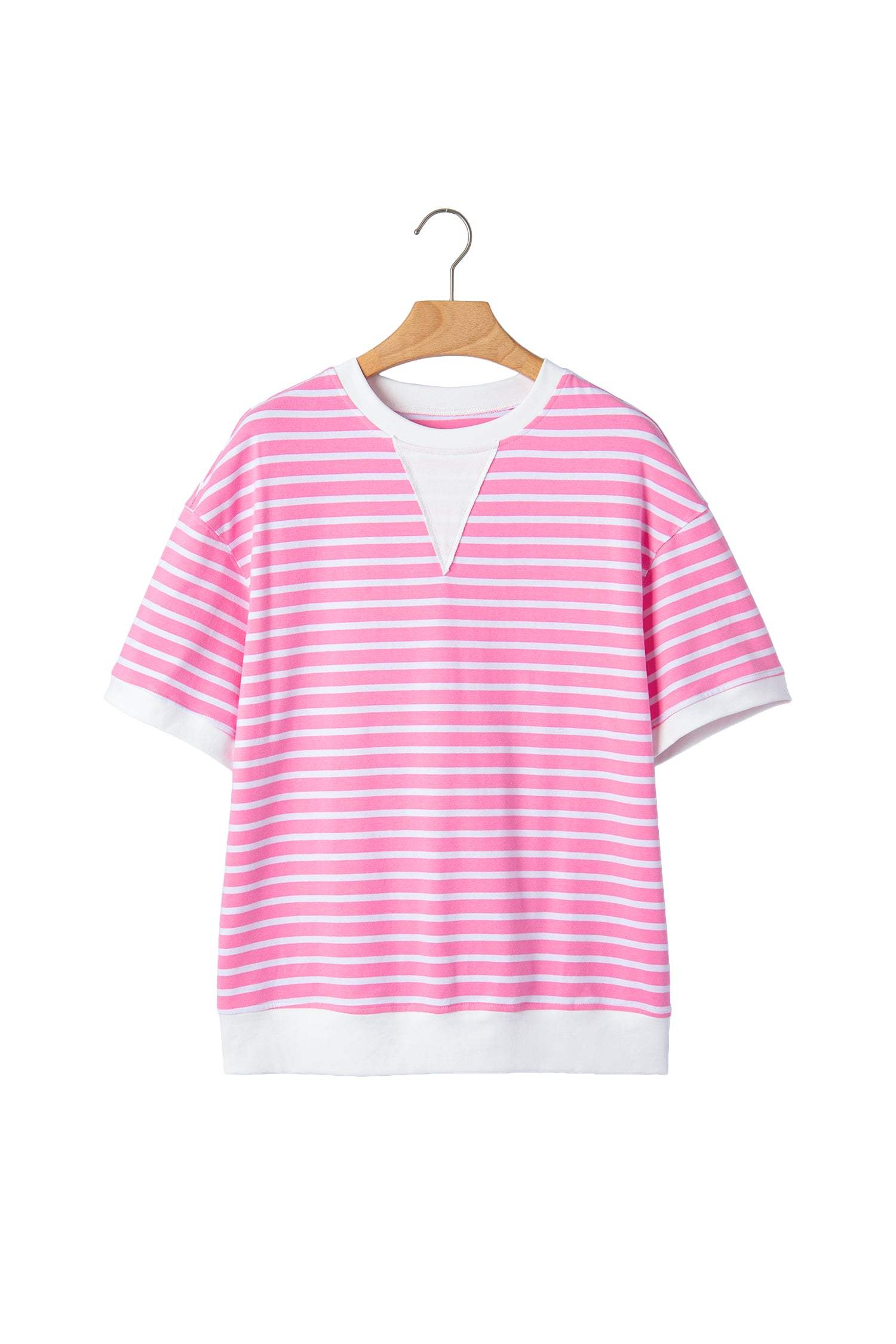 Pink Stripe Round Neck Drop Shoulder Short Sleeve Loose Top
