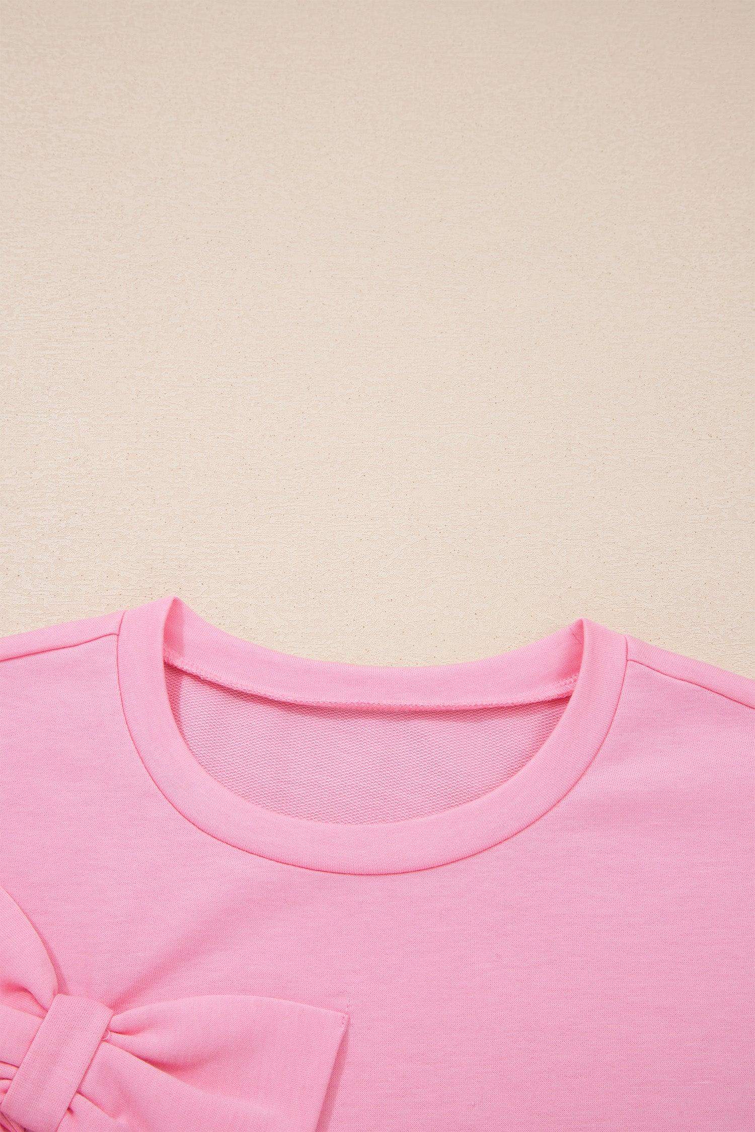 Pink Solid Color Raw Edge Bow Patch Loose T Shirt